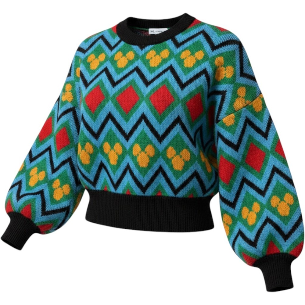 Zara Disney Mickey Mouse Knit Sweater Geometric Zig Zag Balloon Sleeve Small